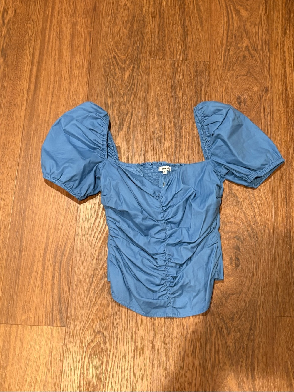 Reformation Blue Puff Sleeve Ruched Top